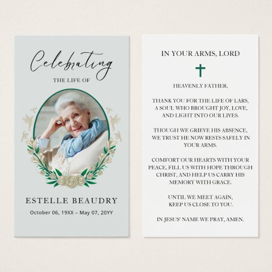 Elegant Floral Funeral Photo Sympathy Prayer Cards (Front & Back)