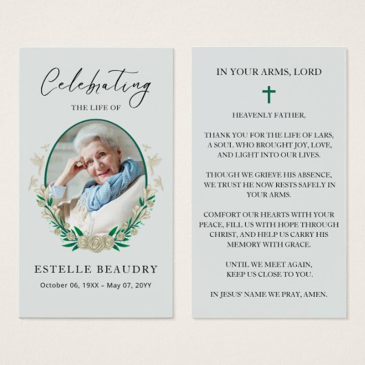 Elegant Floral Funeral Photo Sympathy Prayer Cards (Front & Back)