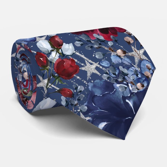 Elegant Floral Garden 4th of July Star Spangled Neck Tie (Rolled)