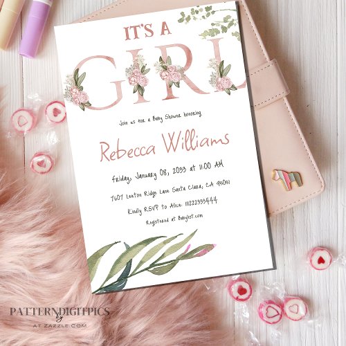 Elegant Floral Garden Blush Pink Girl Baby Shower Invitation