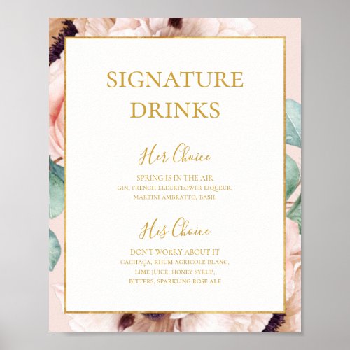 Elegant Floral Garden  Pastel Signature Drinks Poster
