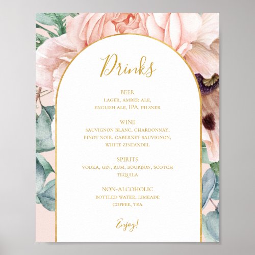 Elegant Floral Garden  Pastel Wedding Drinks Menu Poster