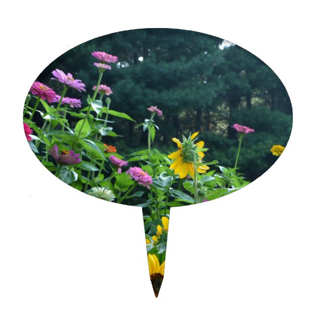 Elegant floral garden sunflowers zinnia mums  cake topper (Front)
