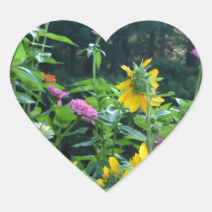 Elegant floral garden sunflowers zinnia mums heart sticker