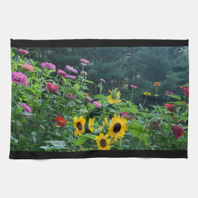 Elegant floral garden sunflowers zinnia mums  kitchen towel (Horizontal)