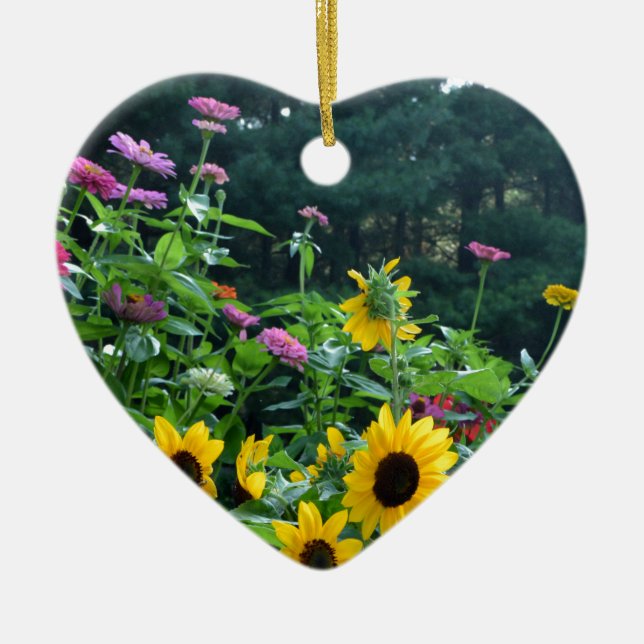 Elegant floral garden sunflowers zinnias daisies  ceramic ornament (Front)