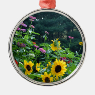 Elegant floral garden sunflowers zinnias daisies  metal ornament