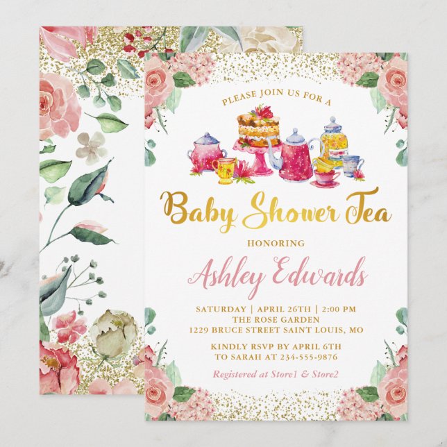 Elegant Floral Garden Tea Party Baby Shower Invitation (Front/Back)
