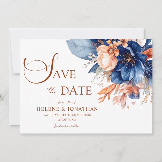 Elegant Floral Garden Terracotta Navy Blue Wedding Save The Date (Front)