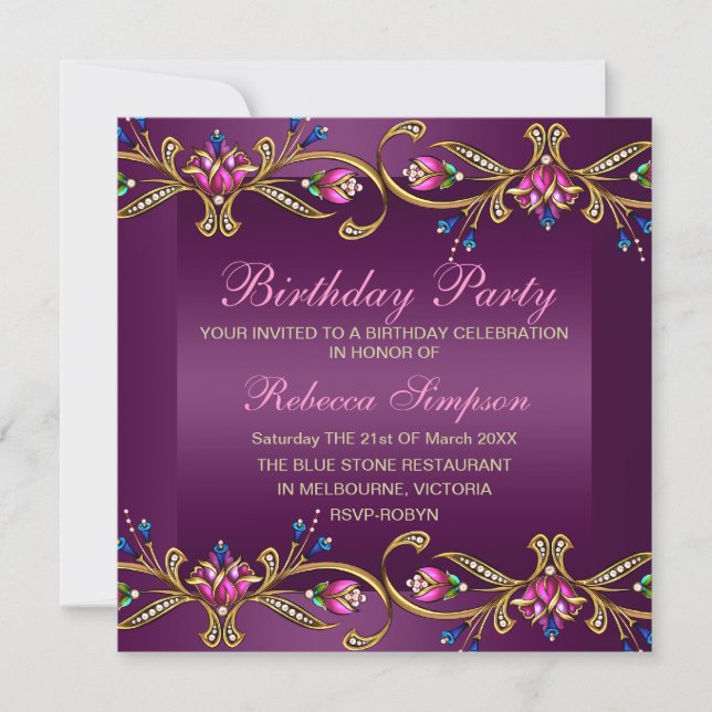 Elegant Floral Gem Purple/Black Birthday Invite (Front)