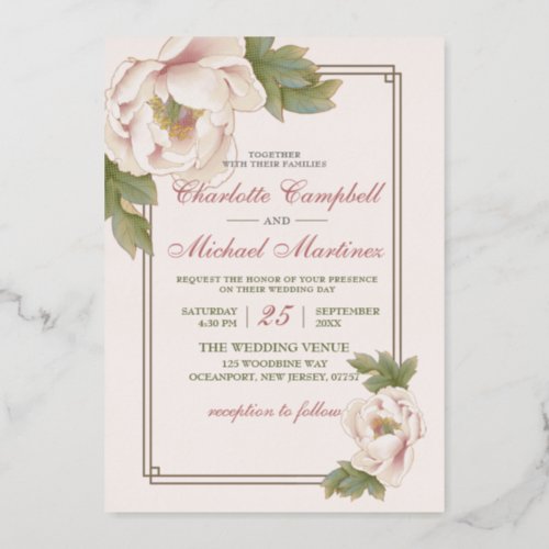Elegant Floral Gentle Pink Peonies Wedding Invitat Foil Invitation