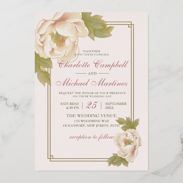 Elegant Floral Gentle Pink Peonies Wedding Invitat Foil Invitation (Front)