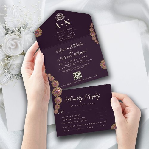 Elegant  Floral Geometric Pattern Islamic Wedding All In One Invitation