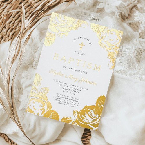 Elegant Floral Girl Baptism Gold Foil Invitation