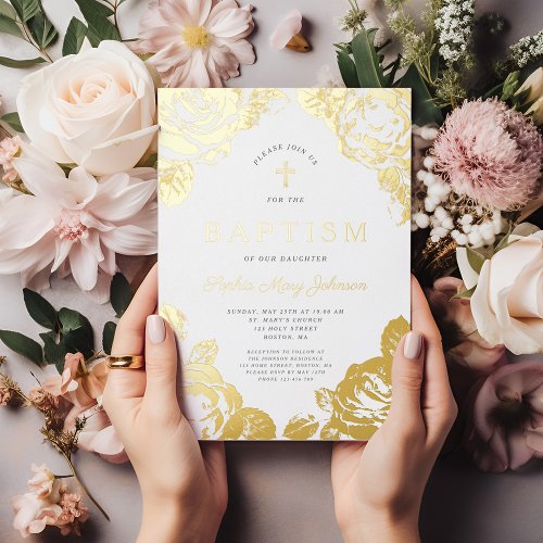 Elegant Floral Girl Baptism Gold Foil Invitation