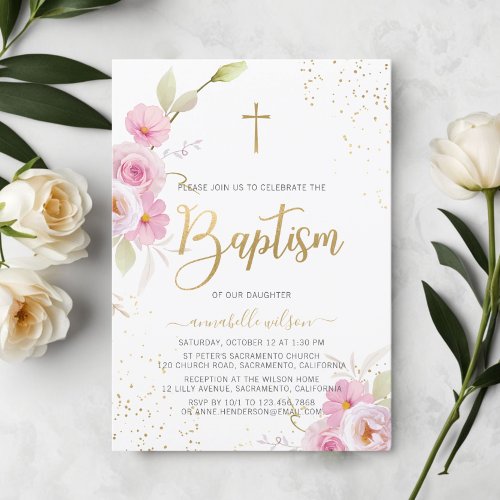 Elegant Floral Girl Baptism Invitation
