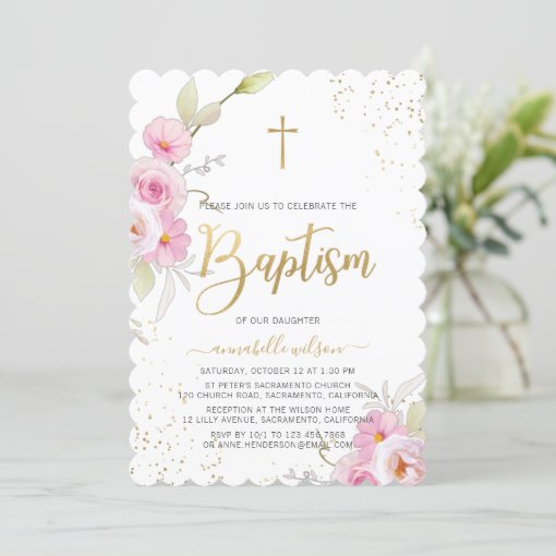 Elegant Floral Girl Baptism Invitation | Zazzle