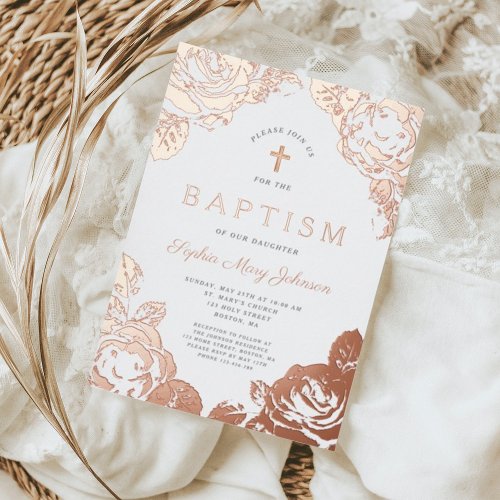 Elegant Floral Girl Baptism Rose Gold Foil Invitation