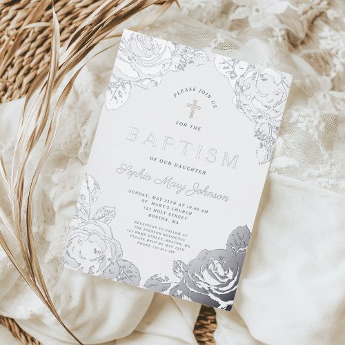 Elegant Floral Girl Baptism Silver Foil Foil Invitation