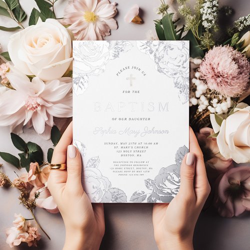 Elegant Floral Girl Baptism Silver Foil Foil Invitation