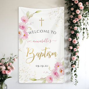 Elegant Floral Girl Baptism Welcome Banner