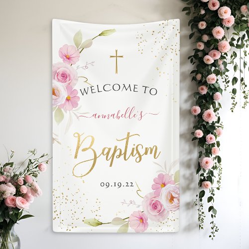 Elegant Floral Girl Baptism Welcome Banner