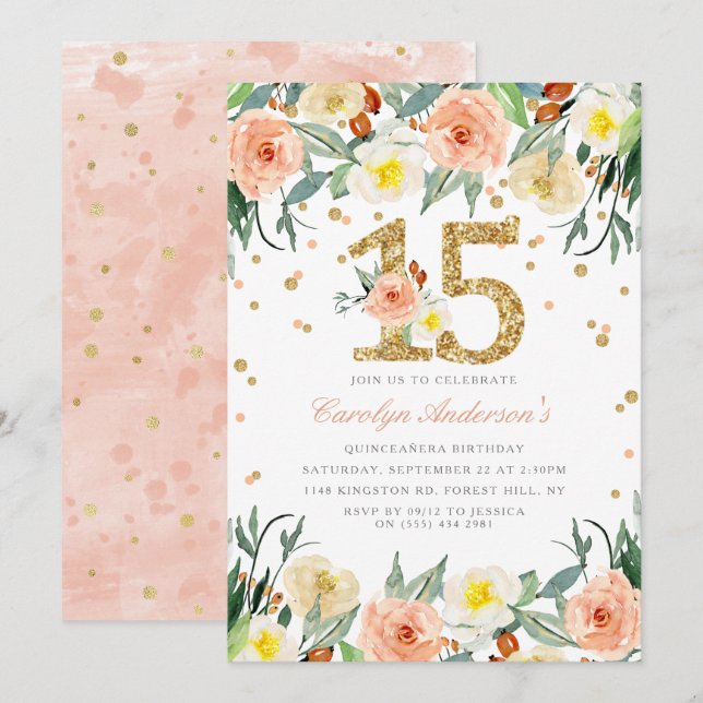 Elegant Floral Girls 15th Birthday Invitations (Front/Back)