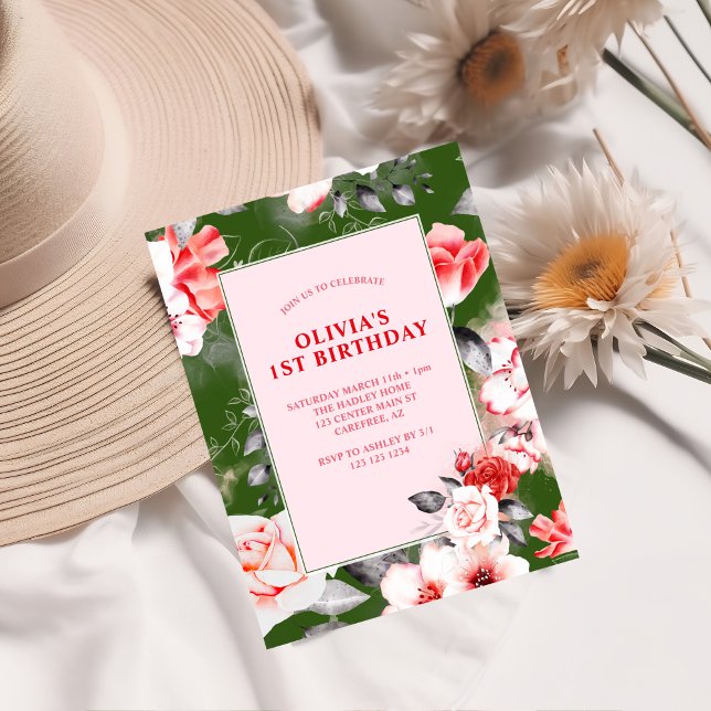 Elegant Floral Girls 1st Birthday Invitation (Creator Uploaded)