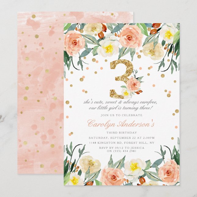 Elegant Floral Girls 3rd Birthday Invitations (Front/Back)