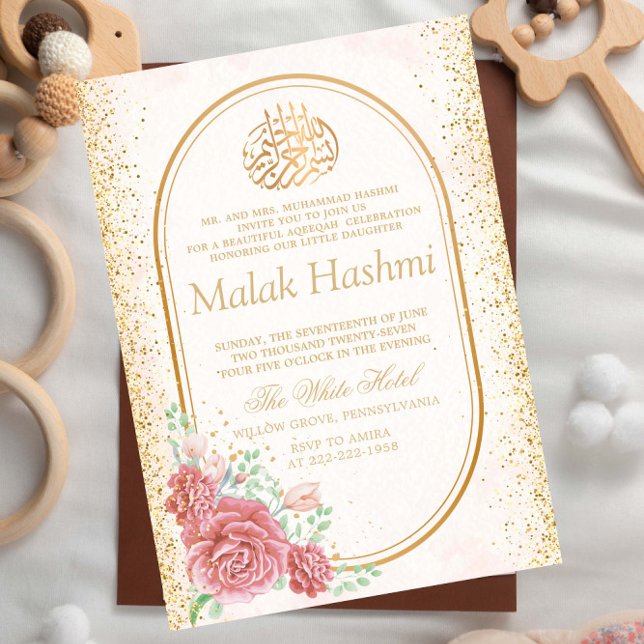 Elegant Floral Gliter Islamic Aqiqa Aqeeqa Baby Invitation (Creator Uploaded)