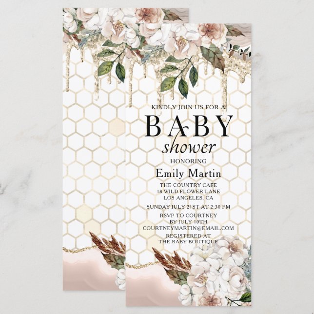 Elegant Floral Glitter Drip Marble Baby Shower (Front/Back)