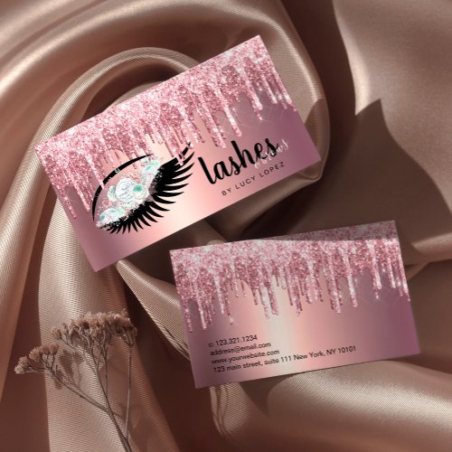 Elegant floral glitter drips lashes  brows  business card