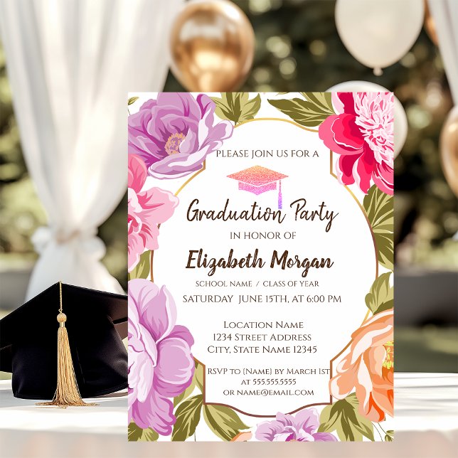 Elegant Floral, Glitter Graduation Cap Invitation (Creator Uploaded)