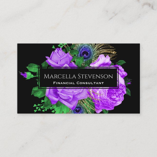 Elegant Floral Glitter Lavender Black Business Card (Front)