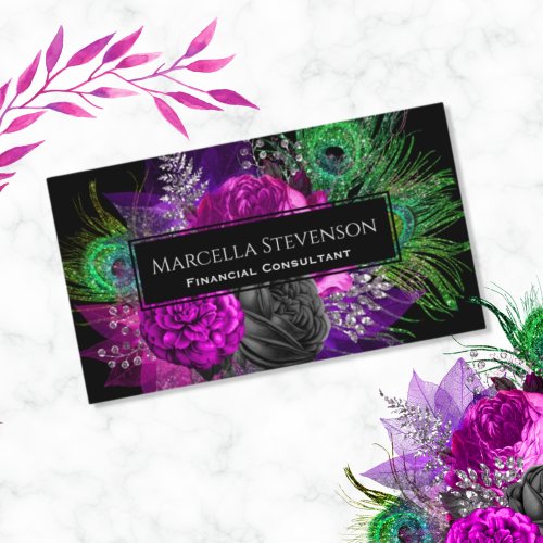 Elegant Floral Glitter Peacock Feather Business Card