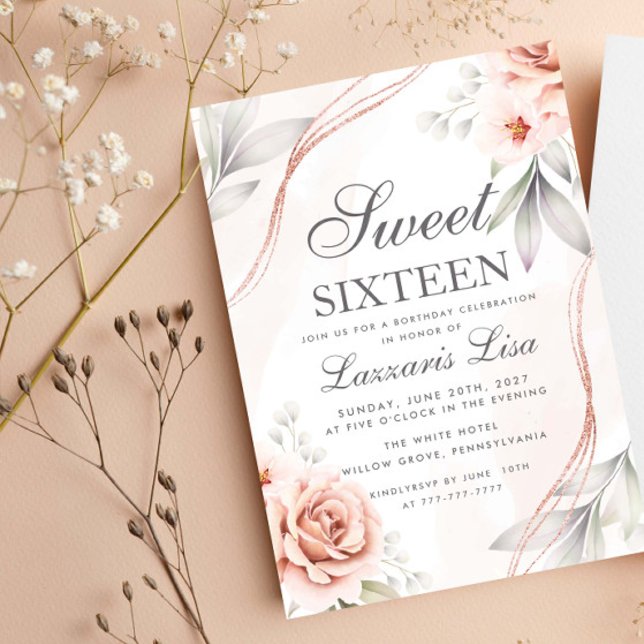 Elegant Floral Glitter Sweet Sixteen 16 Birthday Invitation (Creator Uploaded)