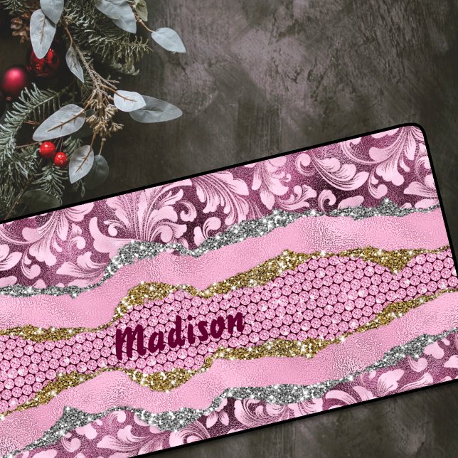Elegant floral glittery Purple pink gold monogram Desk Mat (Creator Uploaded)