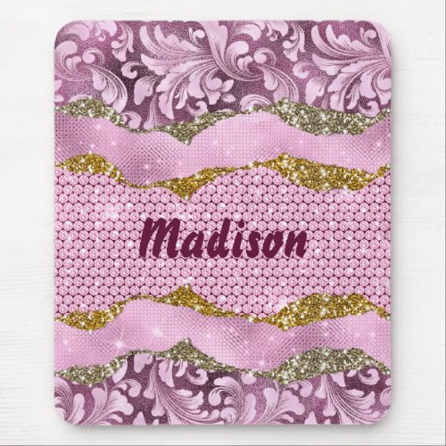 Elegant floral glittery Purple pink gold monogram Mouse Pad