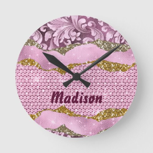 Elegant floral glittery Purple pink gold monogram Round Clock