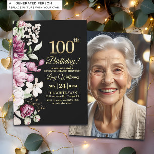 Elegant Floral Gold 100 Birthday Photo Invitation