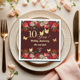 Elegant Floral Gold 10th Wedding Anniversary Napkins