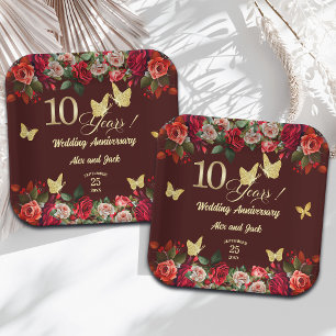 Elegant Floral Gold 10th Wedding Anniversary Paper Plates