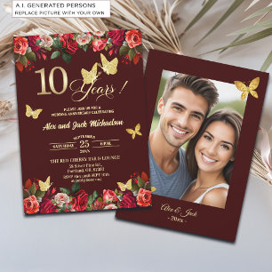 Elegant Floral Gold 10th Wedding Anniversary Photo Invitation
