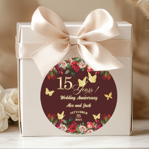 Elegant Floral Gold 15th Wedding Anniversary  Classic Round Sticker