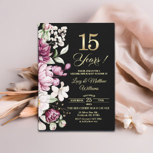 Elegant Floral Gold 15th Wedding Anniversary  Invitation