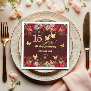 Elegant Floral Gold 15th Wedding Anniversary Napkins
