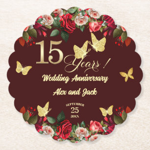 Elegant Floral Gold 15th Wedding Anniversary Paper Coaster