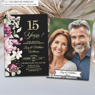 Elegant Floral Gold 15th Wedding Anniversary Photo Invitation