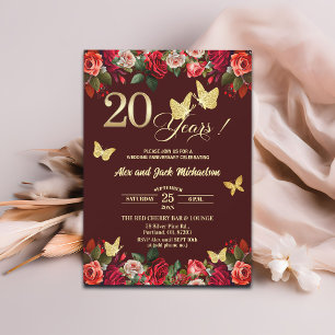 Elegant Floral Gold 20th Wedding Anniversary  Invitation