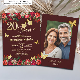 Elegant Floral Gold 20th Wedding Anniversary Photo Invitation